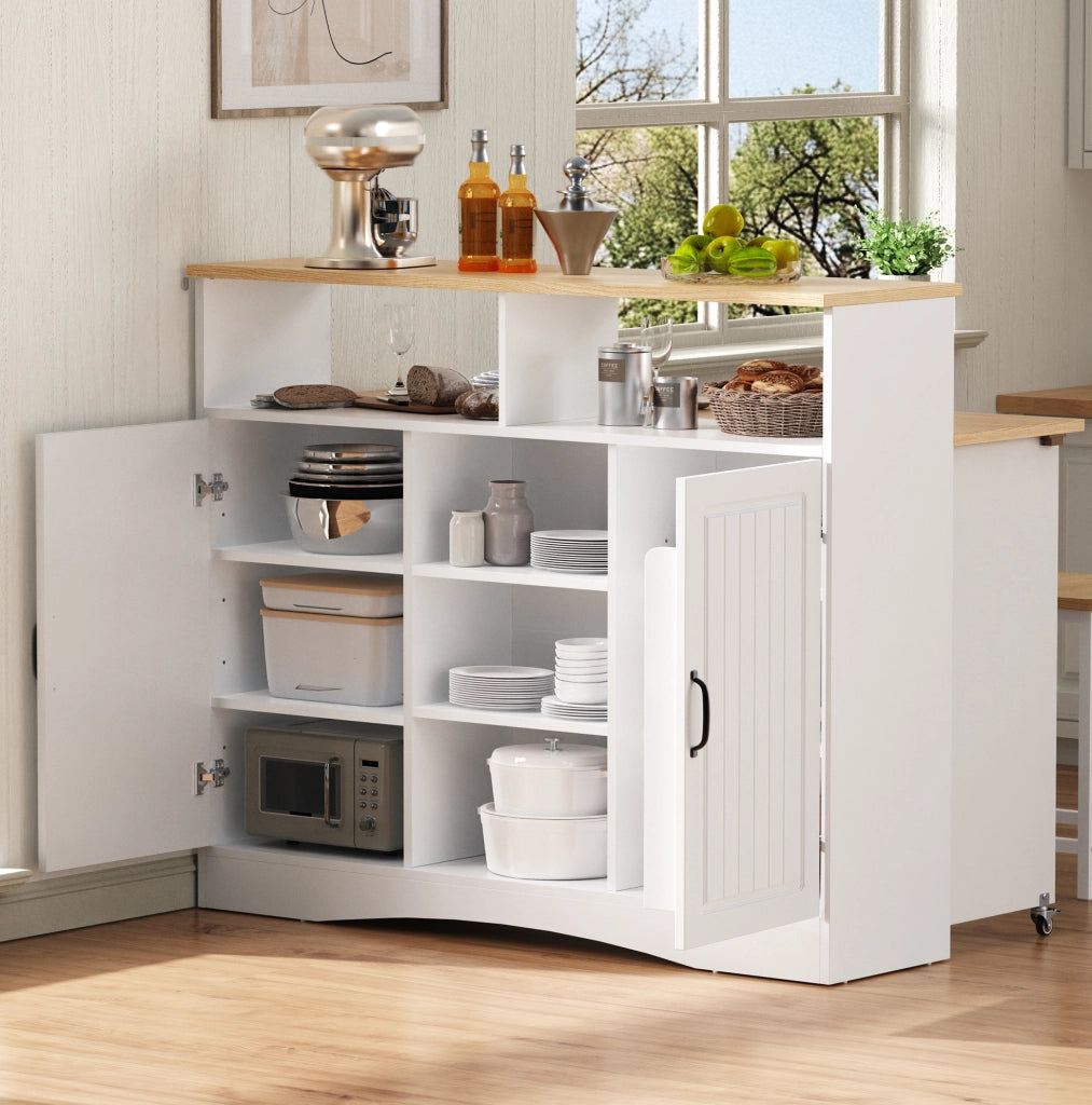 Isola cucina e sideboard pieghevole con 2 sgabelli; 110 x 34-68 x 97;5 cm; bianco