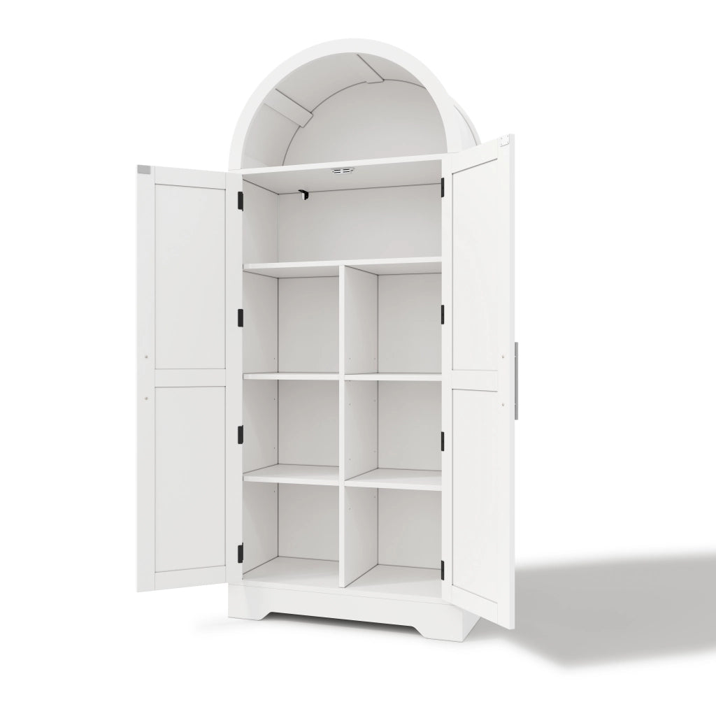 Credenza alta ad arco in MDF bianco, 75 x 35 x 170 cm, con ripiani regolabili e struttura salvaspazio