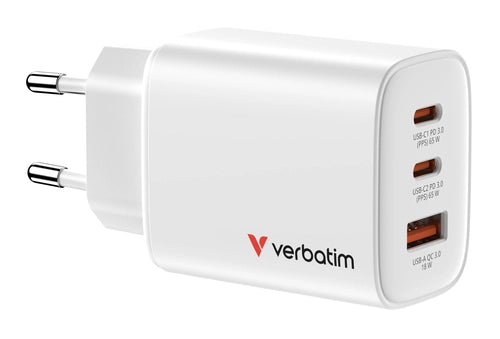Verbatim Essentials GaN caricab. 65W 2xUSB-C/1xUSB-A bian. 32353