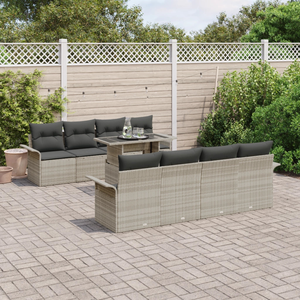 Set Divano Giardino 9 Pezzi con Cuscini Grigio Chiaro Rattan Sintetico