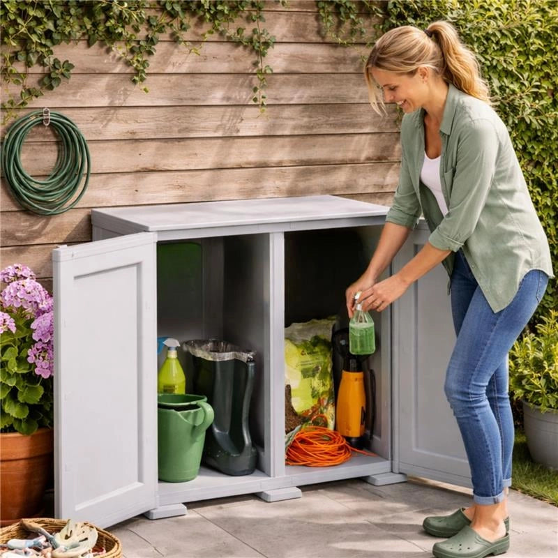 ARMADIO BASSO  79X43X85.5 CM 2 ANTE GRIGIO OMNIMODUS SIMPLEX – MOBILE CONTENITORE COMPATTO PER LAVANDERIA, GARAGE E BALCONE