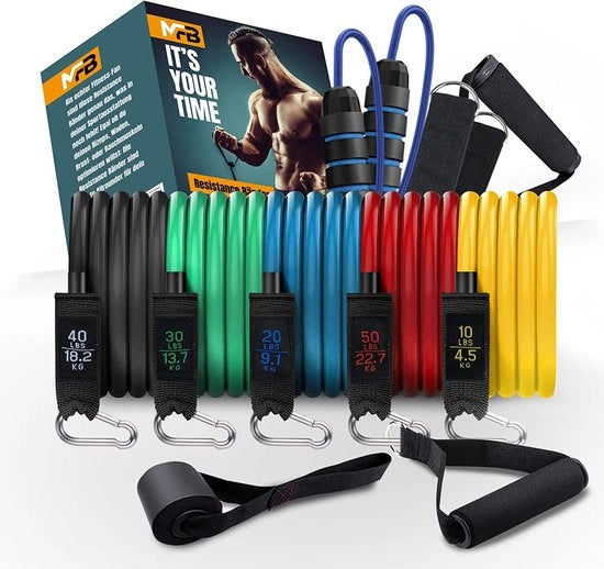 Kit di gomme - 5 Gomme di resistenza - Gomme per fitness + Maniglie in gomma di schiuma, Anello di serraggio, Guida di esercizio, Lancia a molla & Biciclette a un solo giro