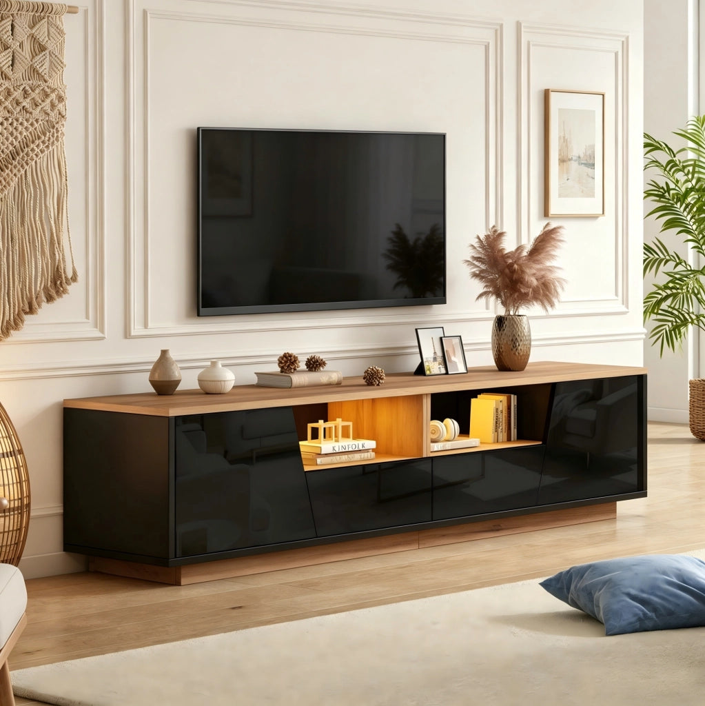 Mobile TV 180x40x46 cm con LED, 2 ante e 2 cassetti, nero e legno