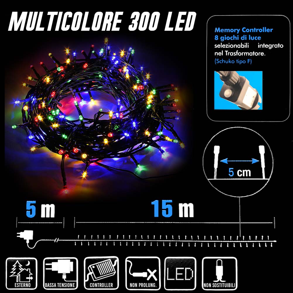 Catena Luminosa 300 LED Mini Lucciole Multicolore 8Funzioni Interno Esterno