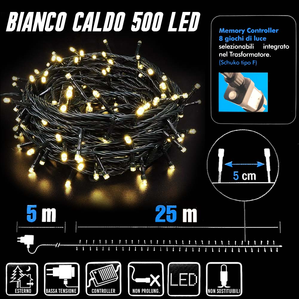 Catena Luminosa 500 LED Mini Lucciole Bianco Caldo 8 Funzioni Interno Esterno