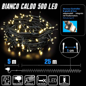 Catena Luminosa 500 LED Mini Lucciole Bianco Caldo 8 Funzioni Interno Esterno