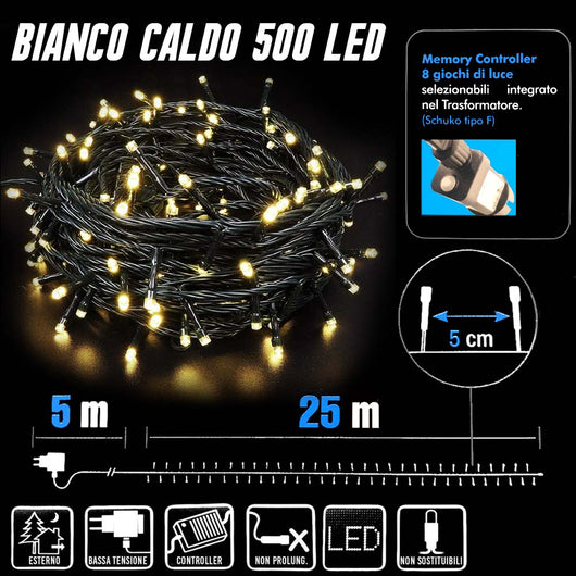 Catena Luminosa 500 LED Mini Lucciole Bianco Caldo 8 Funzioni Interno Esterno