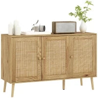 Credenza per Soggiorno Bohémien con Porte in Rattan e Scaffali Regolabili 120x40x75 cm Legno Naturale