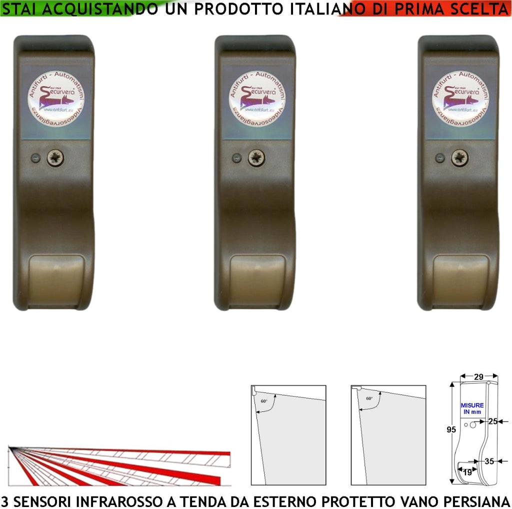 Sensore di Movimento Infrarosso Tenda Esterno Tre Pezzi Marroni Per Vano Persiana Dual Pir Rilevano Estranei Inviano Allarme Portata 8 MT 60° Vert. 7° Oriz. Aliment. 12 V Assorbim.10 mA Cover ABS IP31