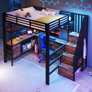 DESMIU Letto a soppalco 140 × 200 cm 1 posto con scrivania, cassetti, LED e presa, senza materasso, nero