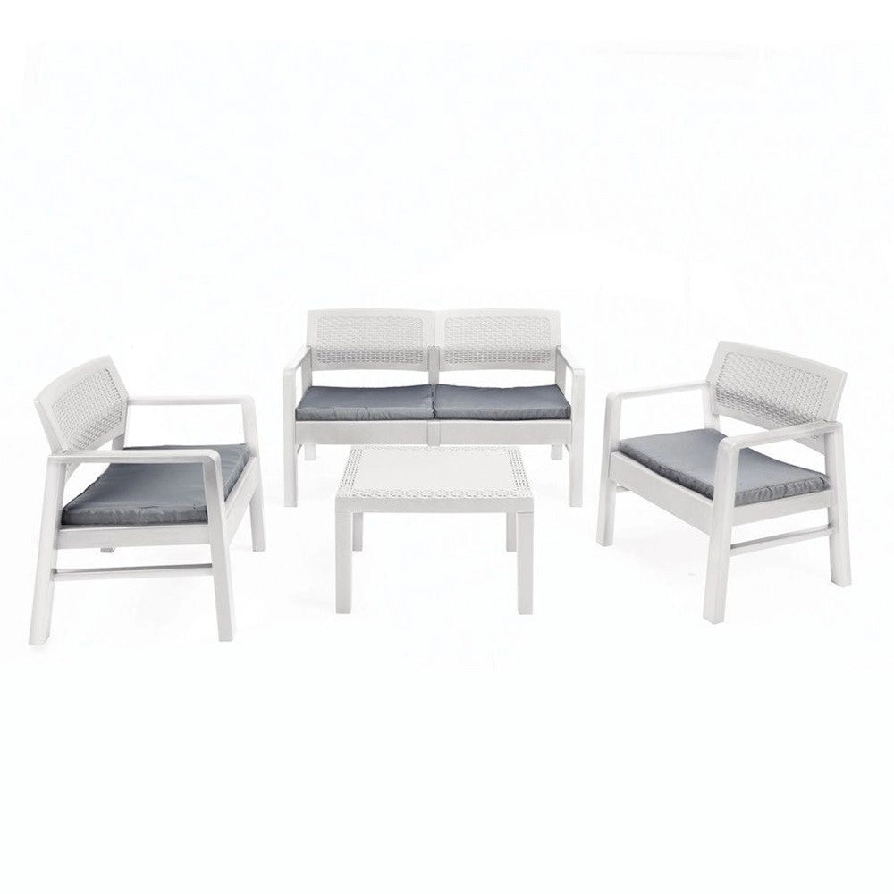 Trade Shop - Set Salotto Giardino Esterno Con Divano 2 Poltrone Tavolino Effetto Rattan Con Cuscini -
