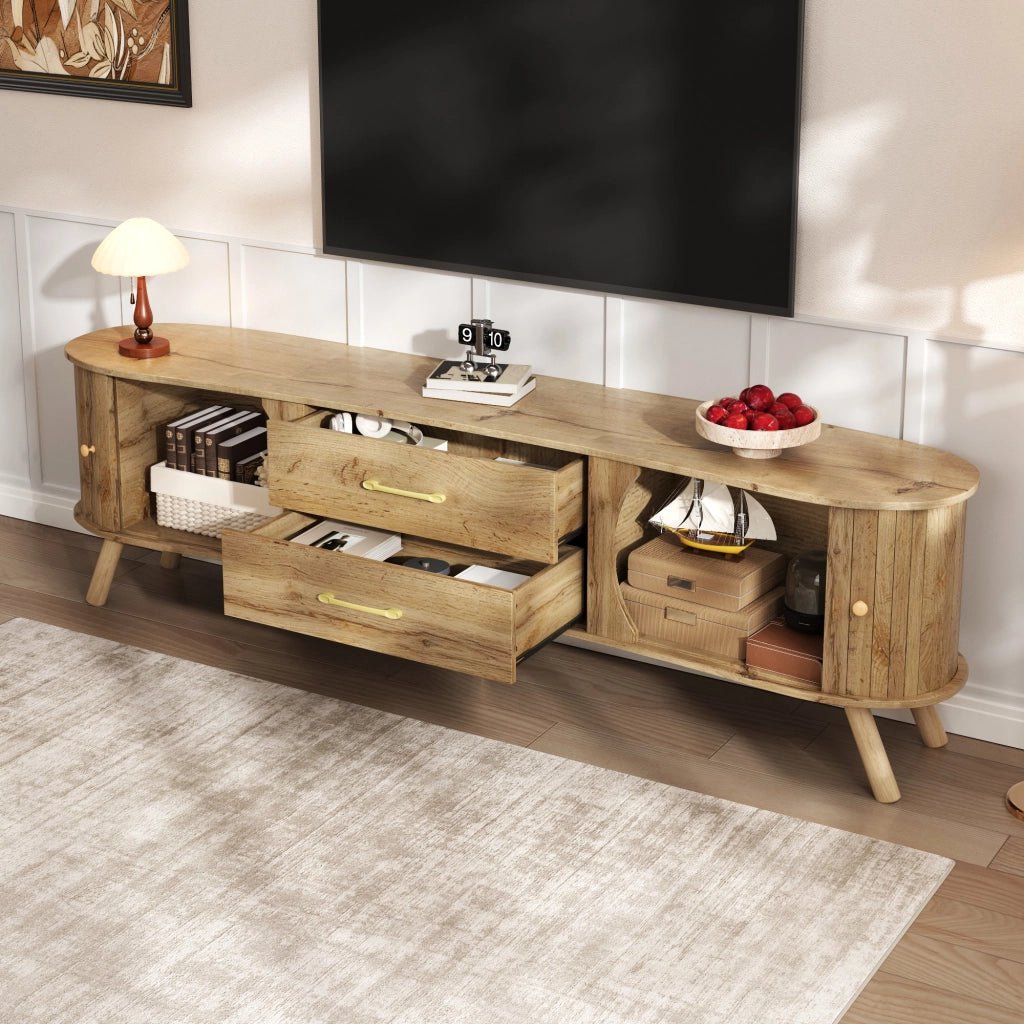 Mobile porta TV con 2 ante scorrevoli e 2 cassetti effetto scanalato verticale per soggiorno naturale 160 × 36,5 × 55 cm