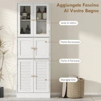 Mobile Bagno con 3 Armadietti a 2 Ante in Vetro e Legno, Ripiani Regolabili, 60x30x170 cm, Bianco