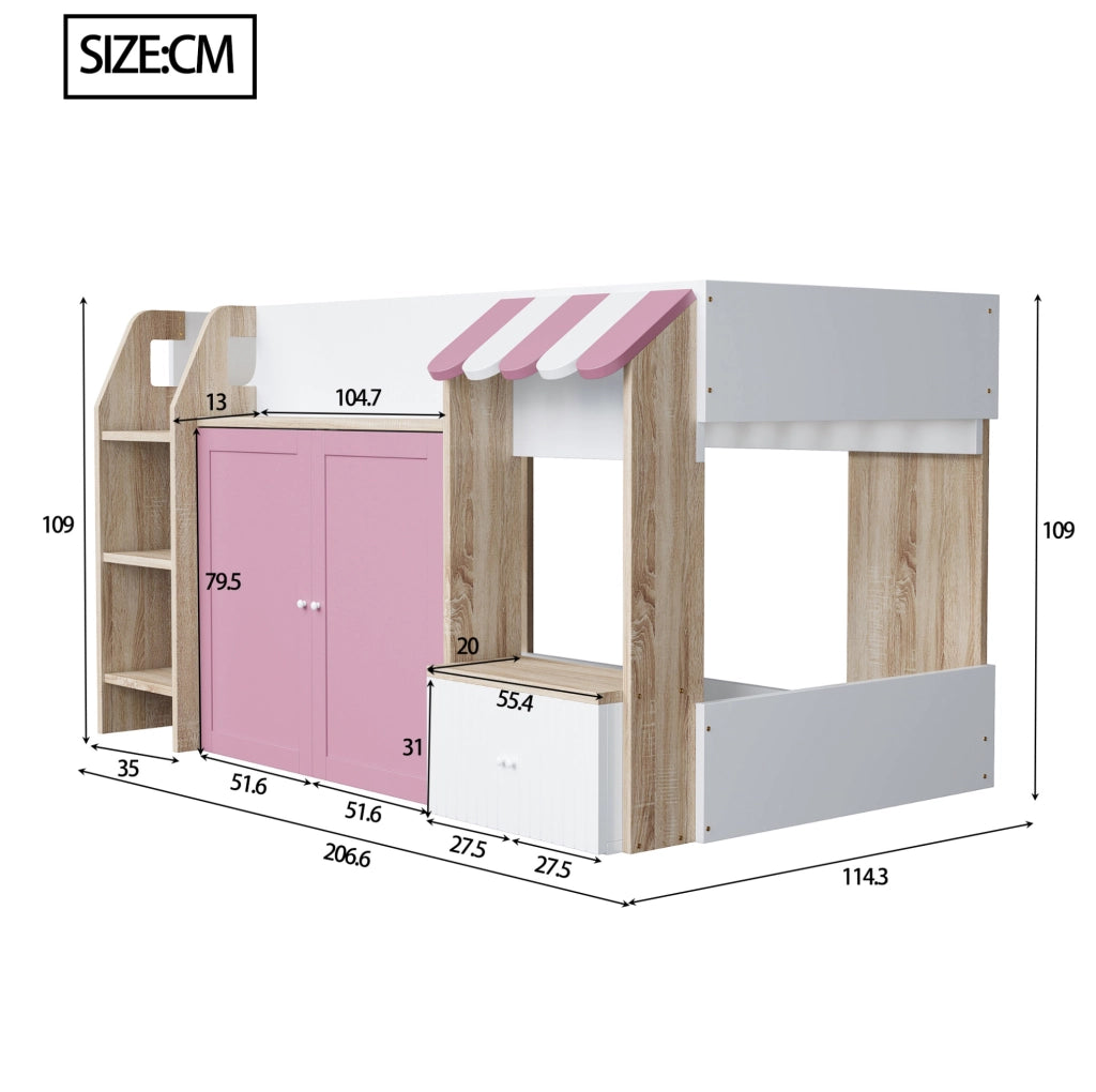 Letto a soppalco basso per bambini 90x200 cm con scala; vani contenitore e design casetta; rosa e bianco