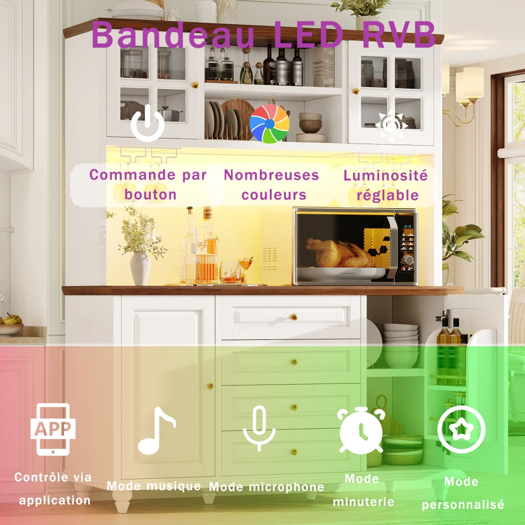 Credenza alta da cucina con 4 cassetti; ripiani regolabili e LED RGB; per cucina; 140 × 40 × 179.5 cm