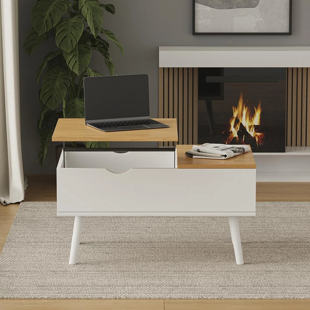 tavolino soggiorno Stora, Bianco/quercia, 76 x 45 cm con funzione di sollevamento, piano del tavolo regolabile in altezza e vano portaoggetti aperto