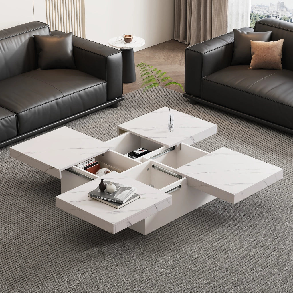 TAVOLINO DA SALOTTO 90 x 90 x 25 cm Bianco effetto marmo con 4 cassetti