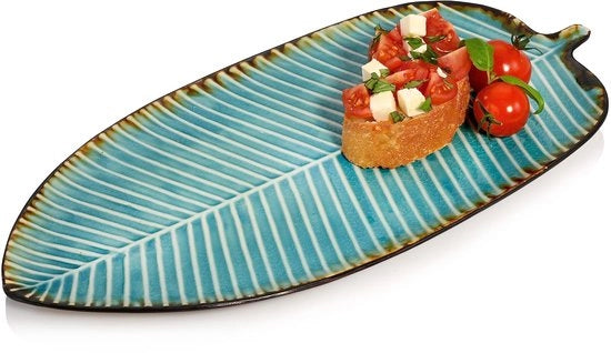 Piatti da Servire 32 cm - Ceramica - Blu chiaro con Bordini Marrone - Aspetto Vintage - Laccatura Alta Qualità - Ideale per Piatti Principali e Desserti