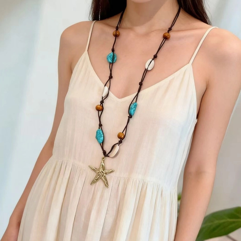Collana lunga intrecciata multiuso in stile boh¨¦mien con stelle marine e conchiglie, realizzata con perline, stile etnico retr¨°.