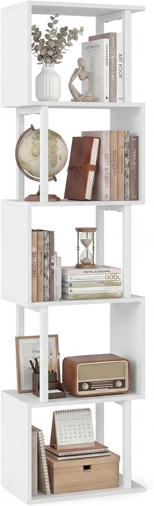 Libreria a 5 Livelli in Legno, Scaffale Espositore Geometrico con Struttura in Metallo, Mobile Portaoggetti Salvaspazio per Camera da Letto Soggiorno Ufficio, 38x23x147 cm (Bianco)