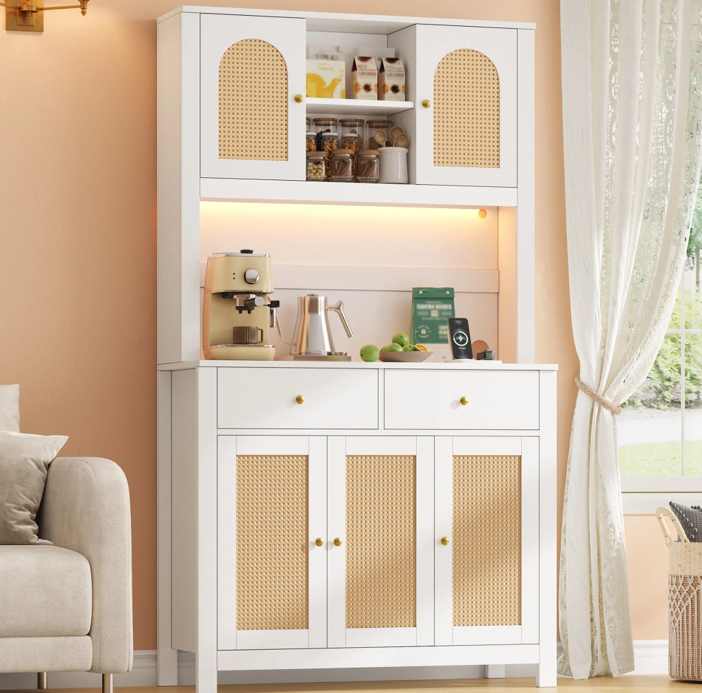 Mobile cucina alto 100x40x180 cm in MDF bianco con LED RGB; prese e cassetti