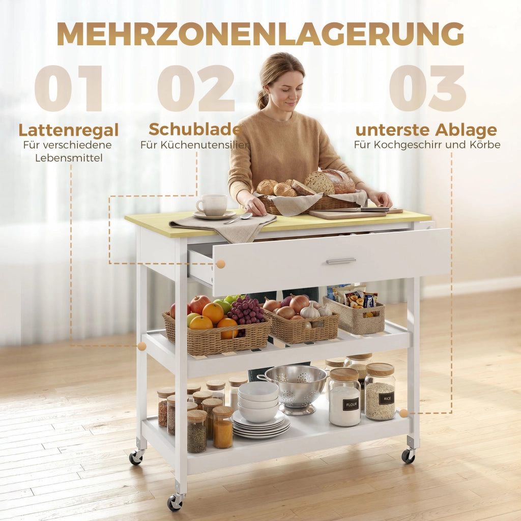 Carrello da Cucina con Cassetto e Ripiani Aperti ¨C Xylo ¨C Bianco con Portasciugamani