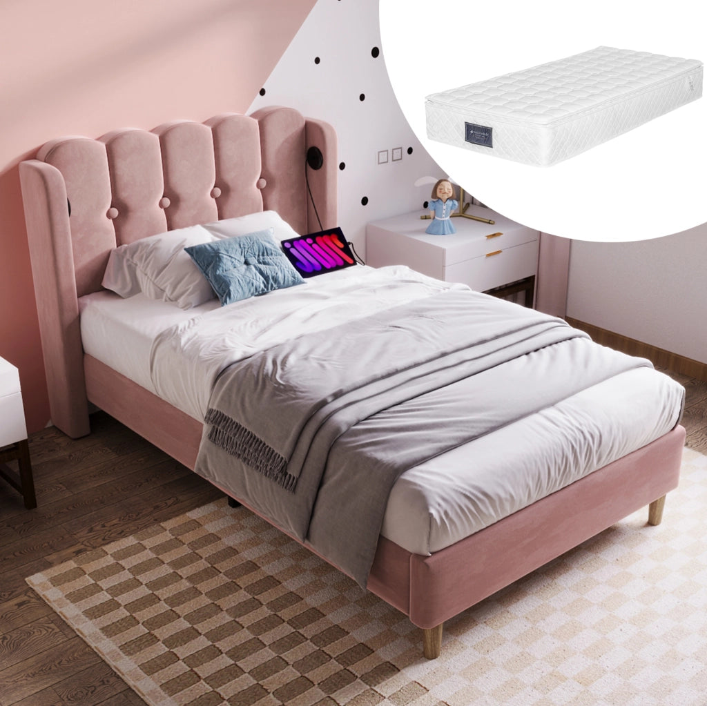 Letto singolo imbottito rosa 90x200 cm con USB e USB-C