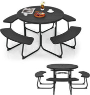 Set di Tavolo da Picnic Rotondo per 8 Persone, Set di Sedie e Tavolo con Foro per Ombrellone, Mobili da Giardino con 4 Panche, in HDPE e Metallo, φ190 x 76 cm (Nero)