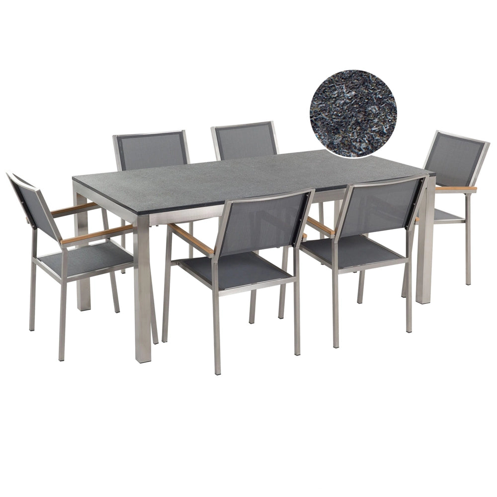 Set da pranzo da giardino grigio con piano in granito fiammato 6 posti 180 x 90 cm