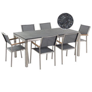 Set da pranzo da giardino grigio con piano in granito fiammato 6 posti 180 x 90 cm