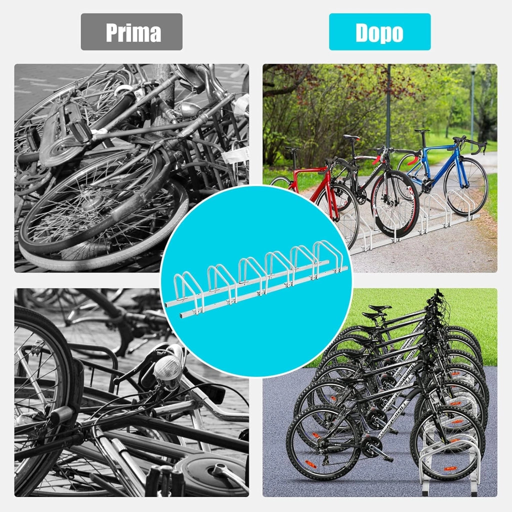 Rastrelliera per Biciclette, Portabiciclette Parcheggio Organizzatore per 4/5/6 Bici, Parcheggio per Biciclette, Telaio d'Acciaio (Argento, 6 Bici)