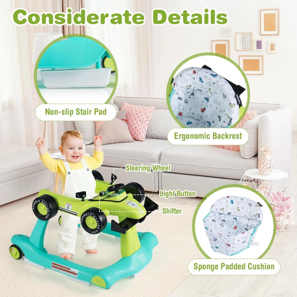 Girello per Bambini 6-18 Mesi, Baby Walker 4 in 1 con Musica e Luci, Primi Passi Piegevole e Portatile, Altezza e Velocità Regolabili, Carrello da Spinta, Forma di Macchinina (Blu + Verde)
