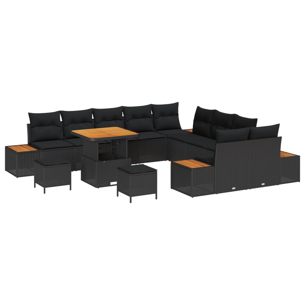 Set Divani da Giardino  13 Pezzi con Cuscini Neri in Polyrattan e Acacia