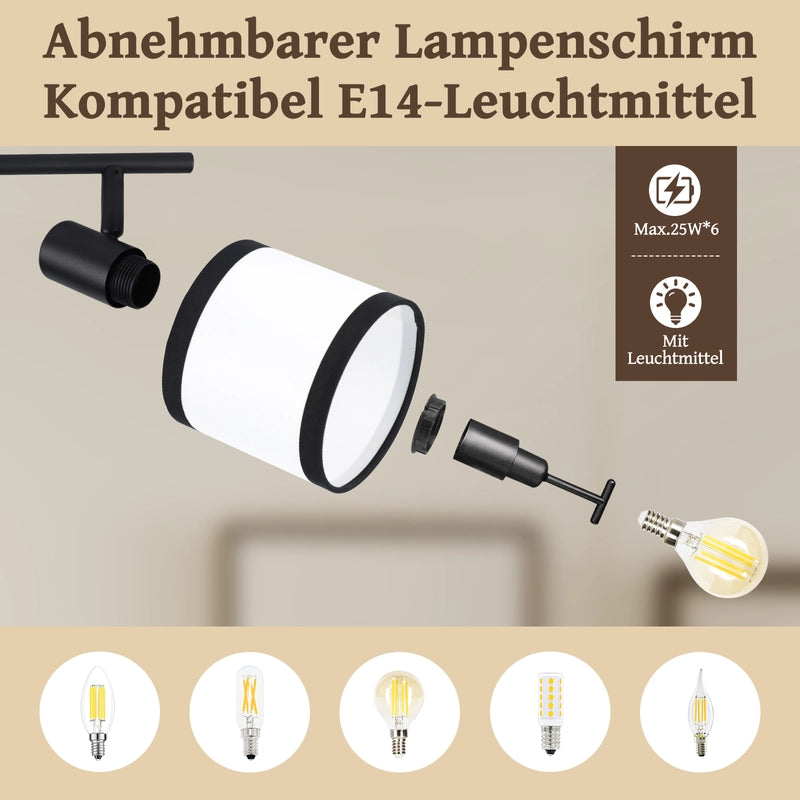 ZMH Faretto da soffitto neri 6 luci E14 tessuto retrò girevoli 350° per soggiorno camera letto senza lampadina