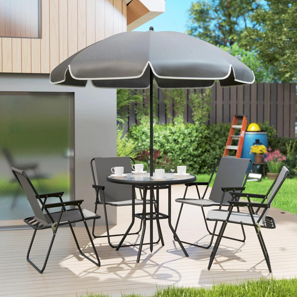 Set da Giardino 6 Pezzi con 4 Sedie Pieghevoli Ombrellone e Tavolo Rotondo  Grigio e Nero