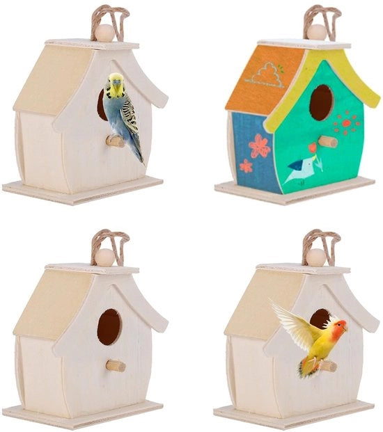 Case di uccelli in legno 4 pezzi mini - Case di uccelli in legno - Nidi d'uccello appesi - Legno non finito per DIY - Adatto per bambini - Dimensioni 7x4x7 cm - Nido d'uccello