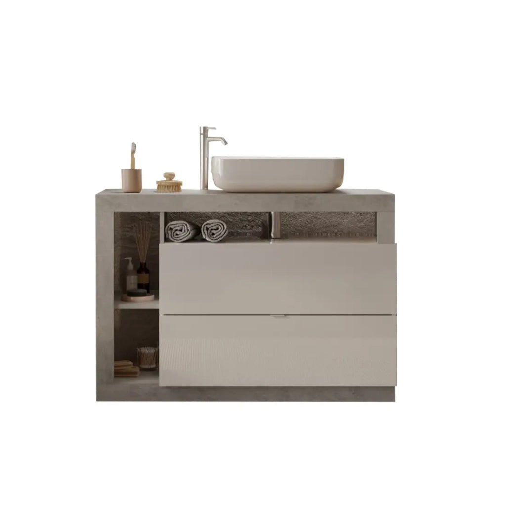 Mobile da bagno con un lavabo e 2 cassetti, collezione BURA. Colori bianco lucido e cemento.
