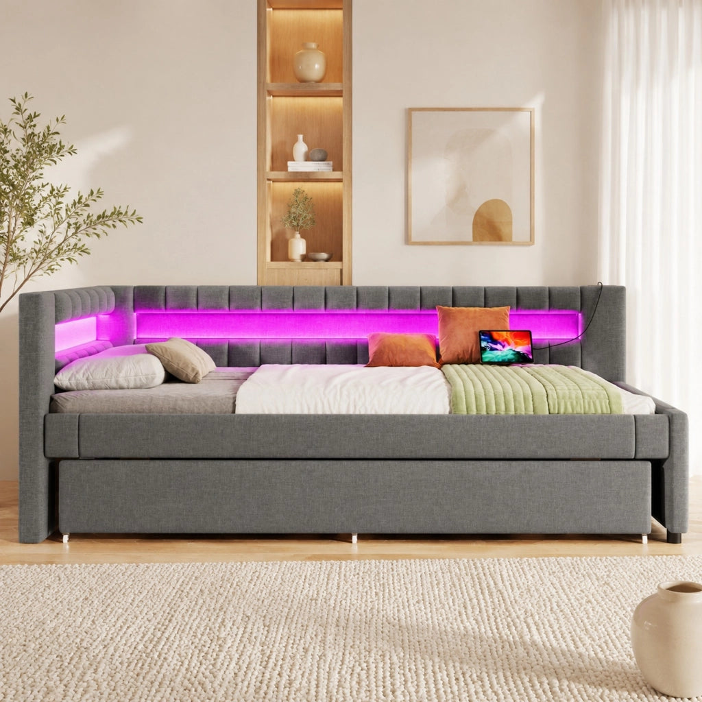 Letto daybed con LED, letto estraibile e porte USB Type-C, 90x200 cm, grigio