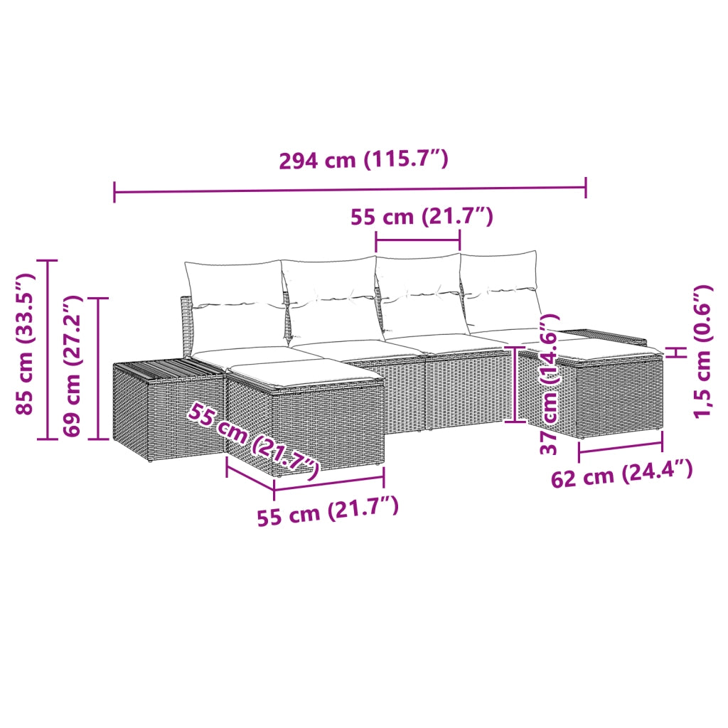 Set di Divani da Giardino 6 Pezzi con Cuscini Marrone Poly Rattan