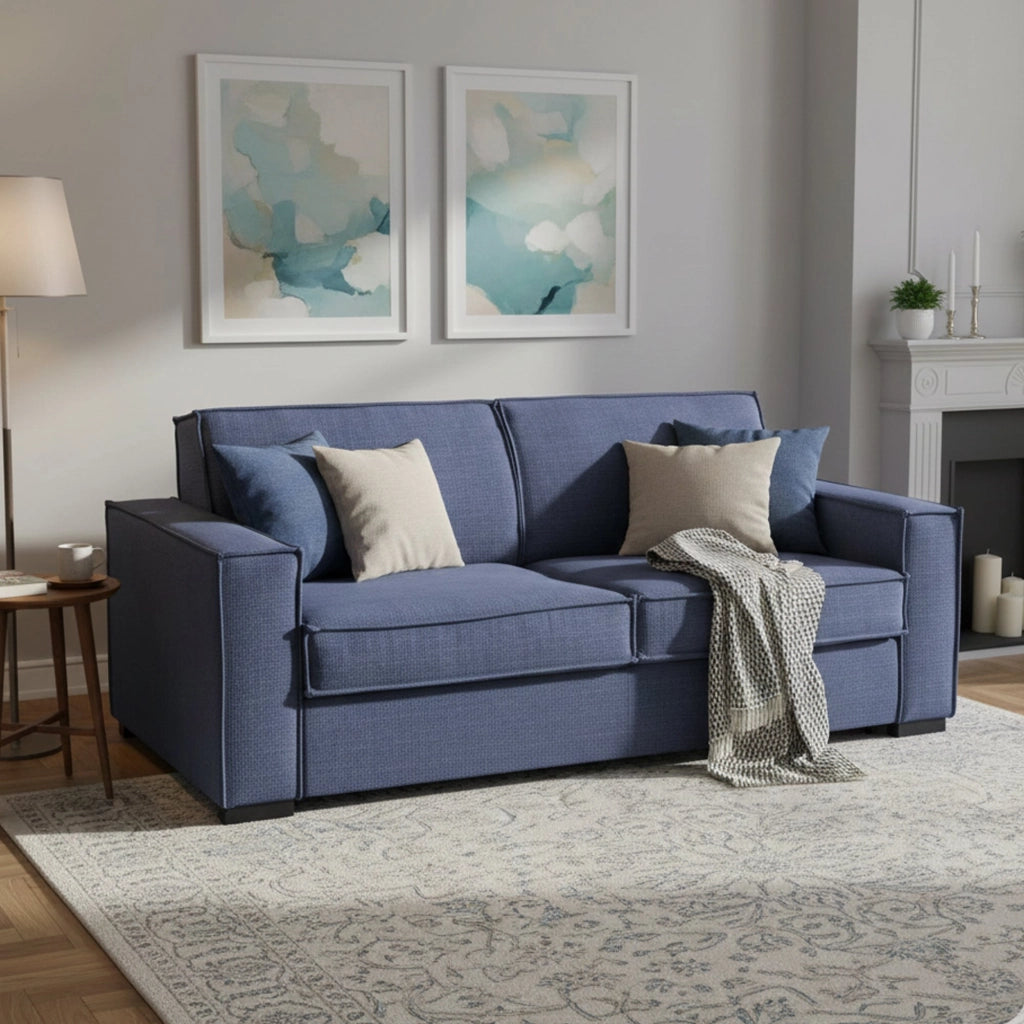 Divano Letto Alk, Divano a 2 posti, 100% Made in Italy, SofÒ  Soggiorno con apertura girevole, in tessuto imbottito, con Braccioli slim, Cm 160x95h90, Blu