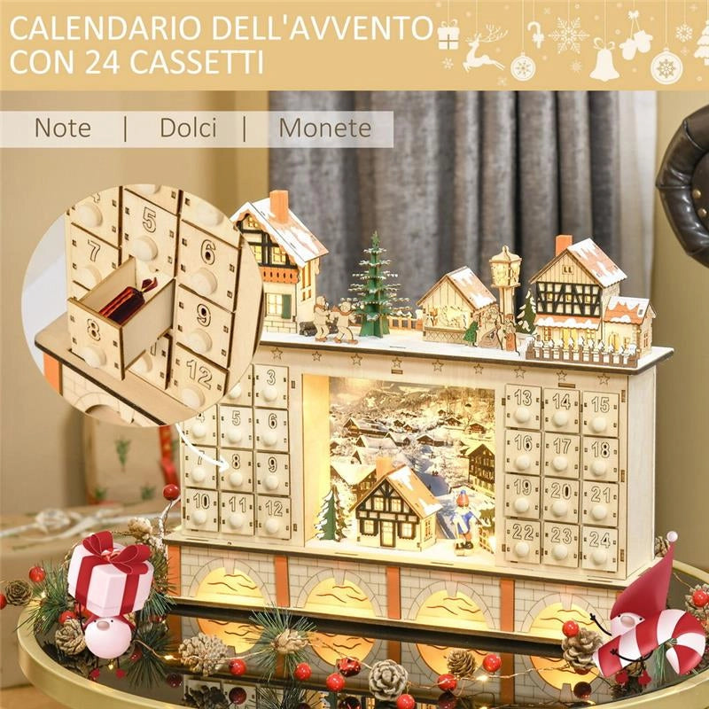 CALENDARIO DELL'AVVENTO IN LEGNO CON 24 CASSETTI DECORAZIONE CON VILLAGGIO DI NATALE E LUCI, 44X10X37CM