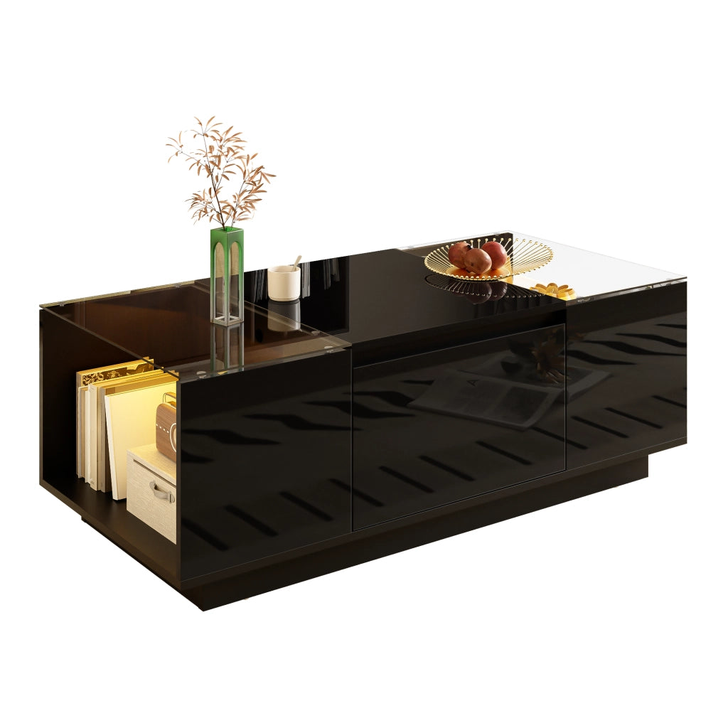 OKWISH Tavolino da Salotto Rettangolare con 2 Cassetti, 2 Vani, LED e Piani in Vetro, per Soggiorno, 105×50×35 cm