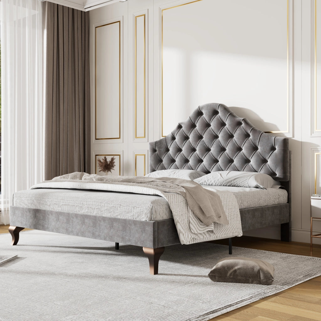 OKWISH Letto Imbottito 140×200 cm, Letto Matrimoniale con Testiera Regolabile e Rete a Doghe, senza Materasso, in Velluto, Grigio