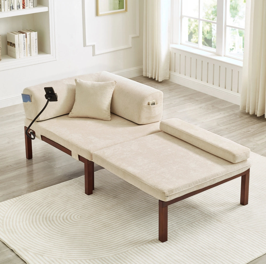Divano letto pieghevole in legno massello, singolo, beige