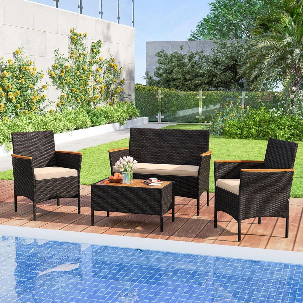 Salotto da Giardino Esterno 4 Pezzi in Rattan, Set da Conversazione da Esterno con 1 Tavolino Basso, 1 Divanetto e 2 Sedie, Cuscini Sfoderabili, per Patio, Balcone, Piscina