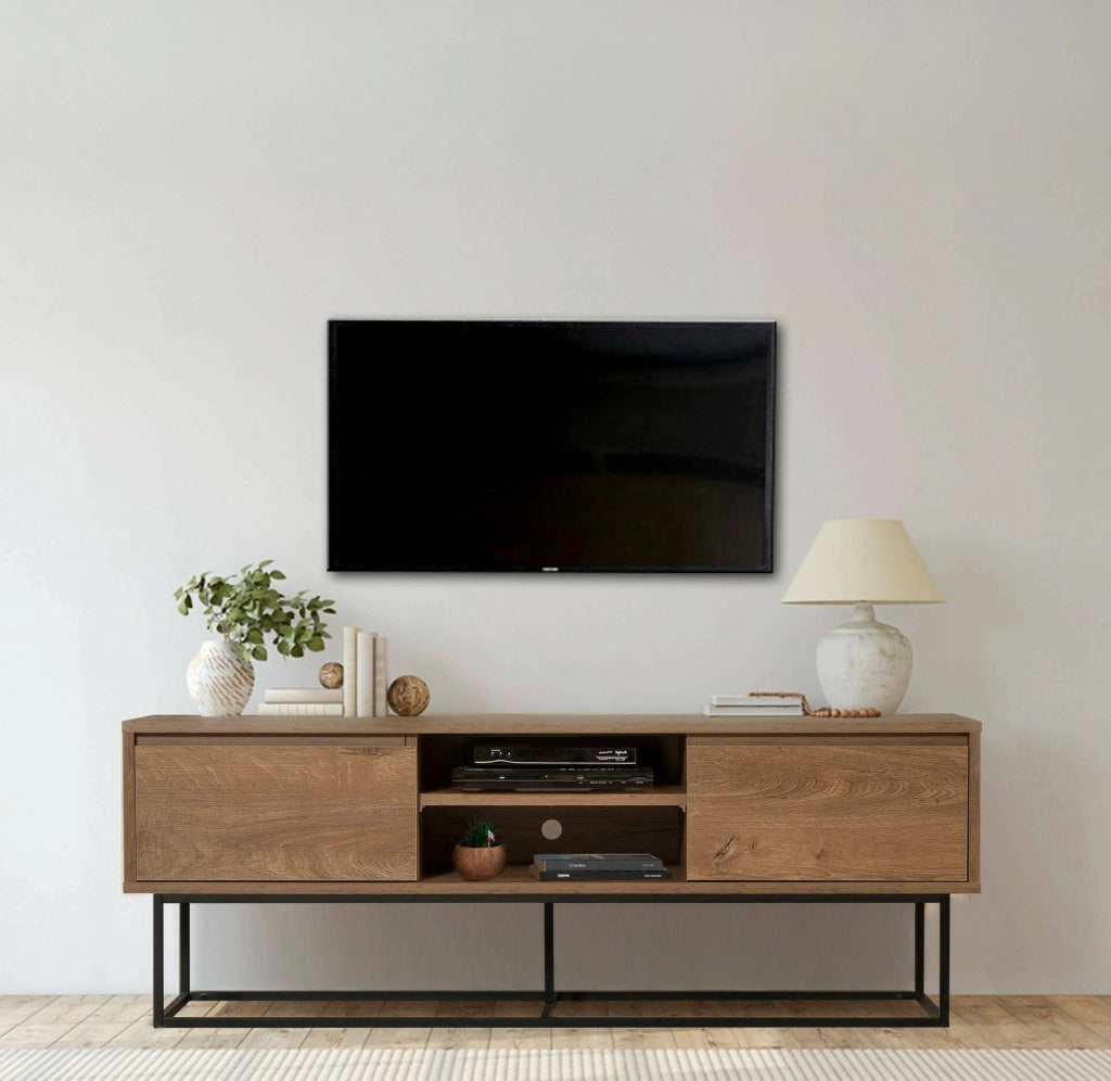 Mobile porta TV Corinna, Credenza da soggiorno, Armadio basso per TV, Base parete attrezzata, 140x40h50 cm, Noce e Nero