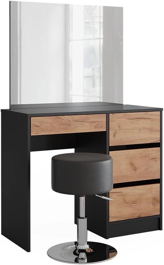 Tavolo da toilette Sherry, Antracite/quercia dorata, 90 x 75 cm con specchio e sgabello, con panca e grande specchio per un utilizzo versatile