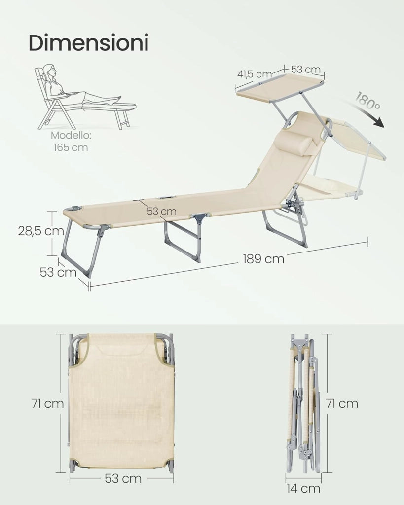 SONGMICS Set da 2 Sedie a Sdraio Pieghevoli, 189 x 53 x 28,5 cm, con Cusicni, Lettini Prendisole, Portata 110 kg Ciascuno, Parasole e Schienale Regolabili, per Terrazza e Balcone, Beige GCB292WZ02