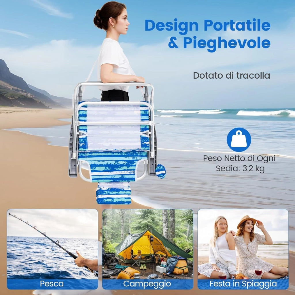 Set di 2 Sedie Pieghevole da Spiaggia, Lounge Sdraio con 5 Posizioni Regolabili, Poltrona da Mare con Cuscino, Porta Asciugamano, Braccioli & Portabicchieri, Portata 150 kg (Blu)