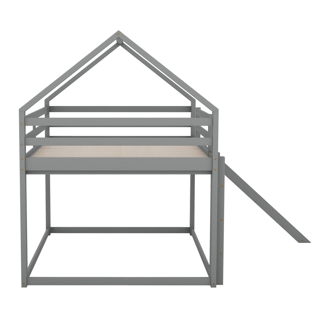 Letto a castello per bambini a forma di casetta con scivolo e scala; 2x 140x200 cm; grigio